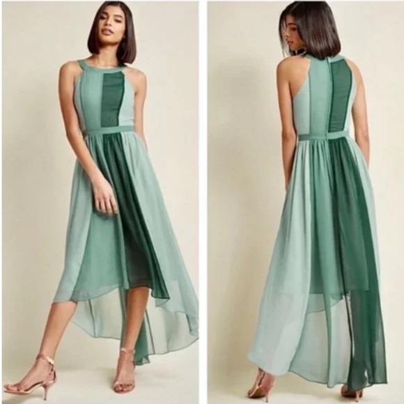 ModCloth Peachy Queen Halter Color Block Hi-Low Flowy Maxi Dress In Pear - Picture 3 of 8